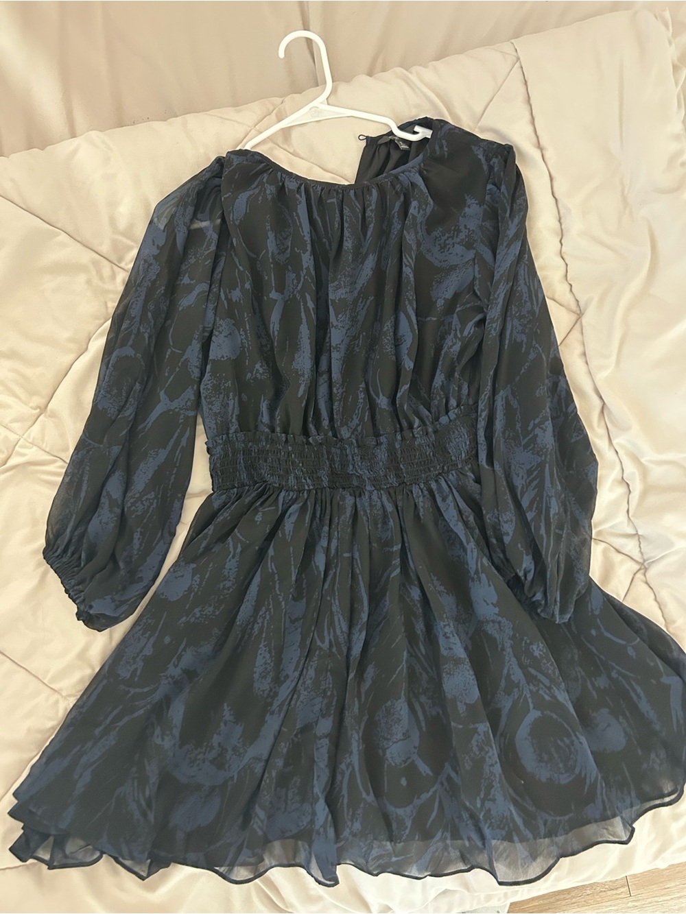 Banana Republic Navy Blue Printed Long-Sleeve Smocked-Waist Dress